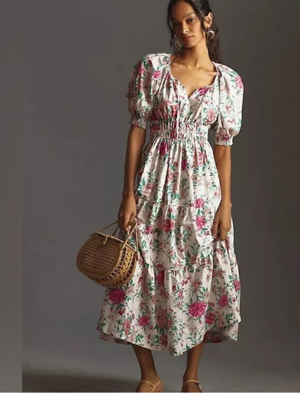 Anthropologie Somerset Pink Floral Smocked Puff Sleeve Tiered Midi Dress - Picture 1 of 5